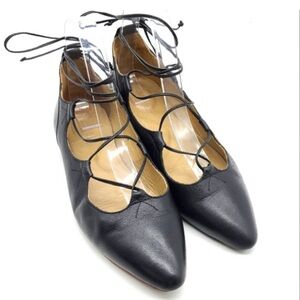POPPY BARLEY Black Leather Lace-Up Pointed Toe Flats Ghillie Ballerina Size 7